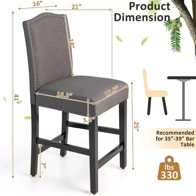 Costway Lot de 2 tabourets de bar en tissu avec clous décoratifs Hauteur comptoir Chaises de salle à manger Gris/Beige