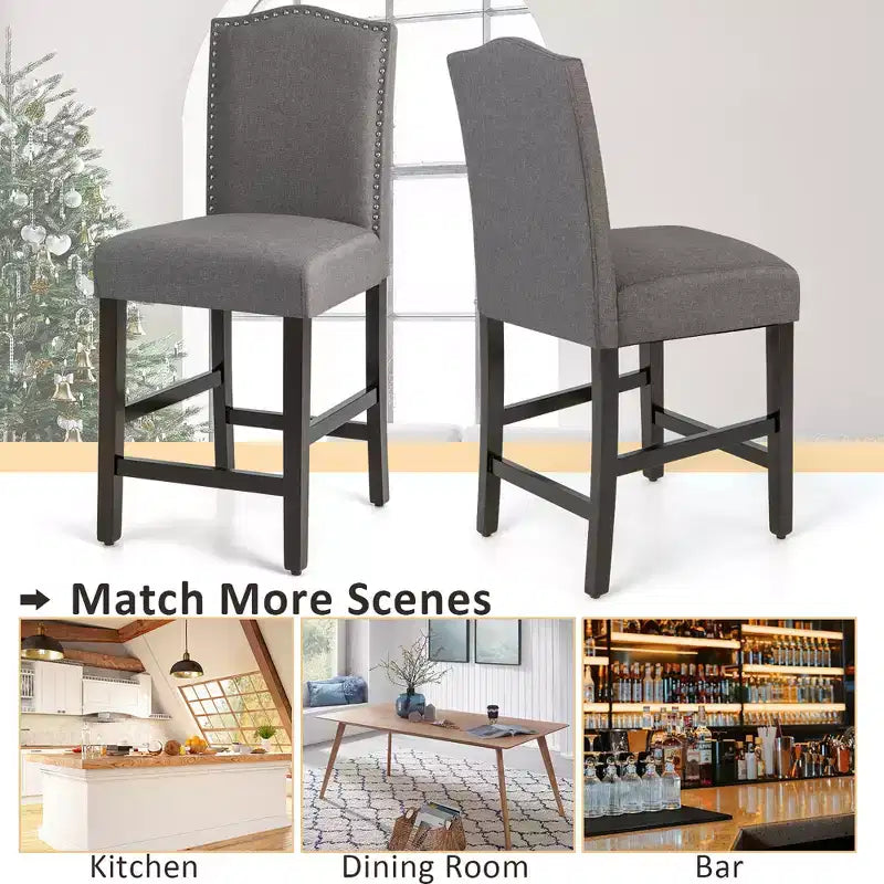 Costway Lot de 2 tabourets de bar en tissu avec clous décoratifs Hauteur comptoir Chaises de salle à manger Gris/Beige