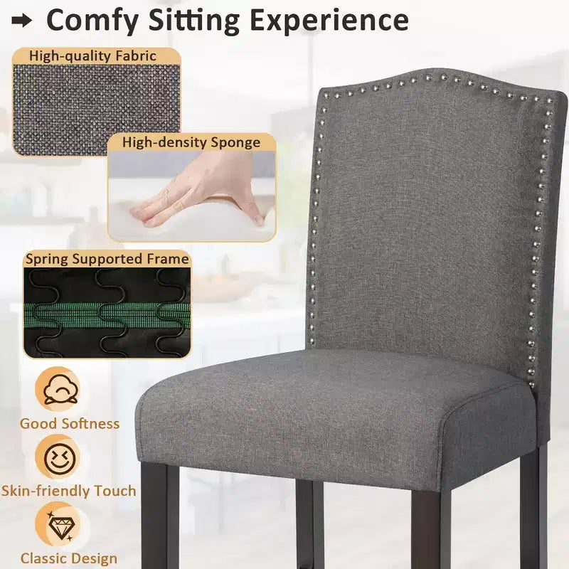 Costway Lot de 2 tabourets de bar en tissu avec clous décoratifs Hauteur comptoir Chaises de salle à manger Gris/Beige
