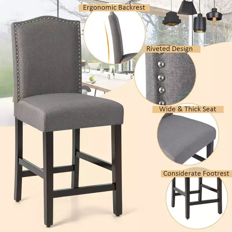 Costway Lot de 2 tabourets de bar en tissu avec clous décoratifs Hauteur comptoir Chaises de salle à manger Gris/Beige
