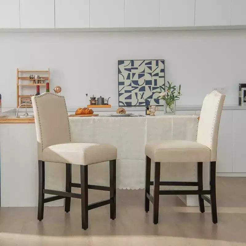 Costway Lot de 2 tabourets de bar en tissu avec clous décoratifs Hauteur comptoir Chaises de salle à manger Gris/Beige