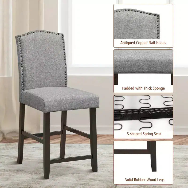 Costway Lot de 2 tabourets de bar en tissu avec clous décoratifs Hauteur comptoir Chaises de salle à manger Gris/Beige