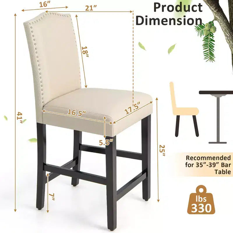 Costway Lot de 2 tabourets de bar en tissu avec clous décoratifs Hauteur comptoir Chaises de salle à manger Gris/Beige