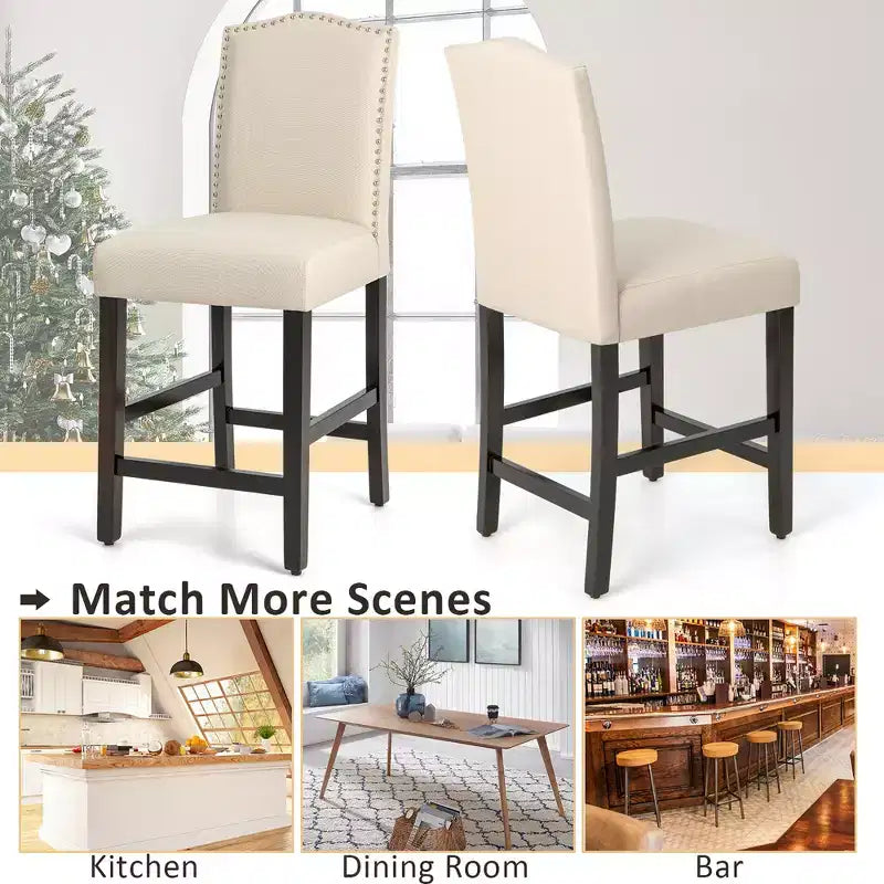 Costway Lot de 2 tabourets de bar en tissu avec clous décoratifs Hauteur comptoir Chaises de salle à manger Gris/Beige