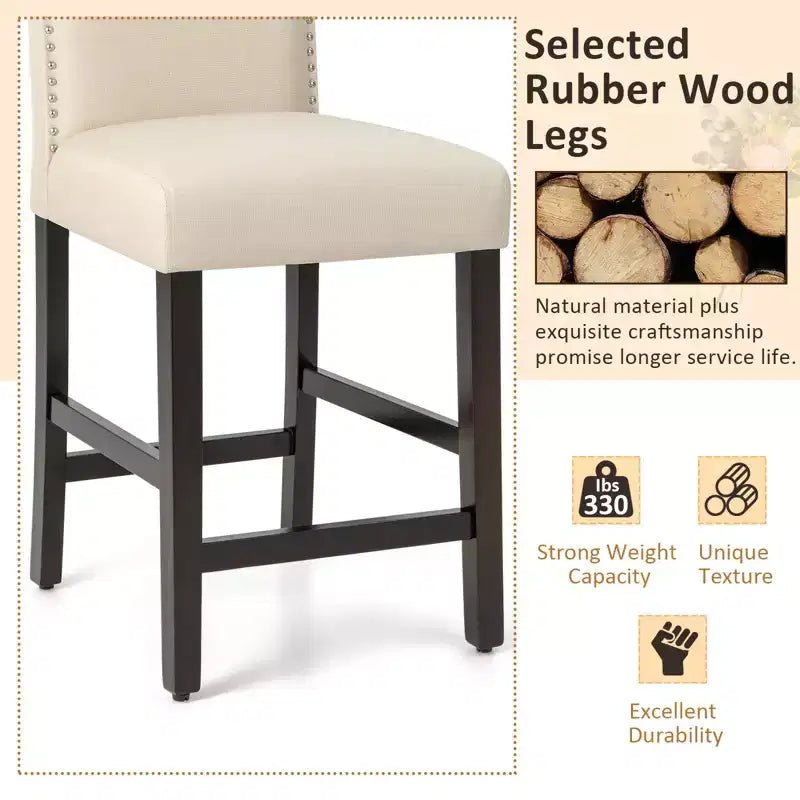 Costway Lot de 2 tabourets de bar en tissu avec clous décoratifs Hauteur comptoir Chaises de salle à manger Gris/Beige