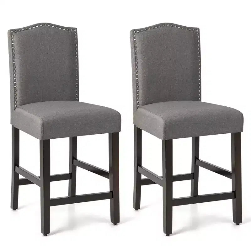 Costway Lot de 2 tabourets de bar en tissu avec clous décoratifs Hauteur comptoir Chaises de salle à manger Gris/Beige