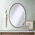 Miroir mural décoratif ovale Uttermost pour coiffeuse, verre biseauté, cadre en métal nickel brossé, 56 cm de large pour salle de bain, chambre à coucher, salon