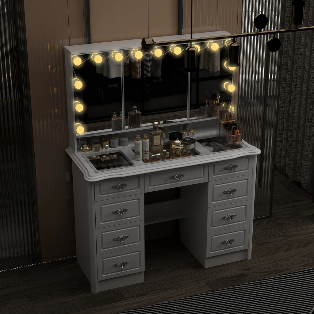 Coiffeuse moderne blanche avec miroir pliable éclairage réglable - 102,1 x 137,4 cm