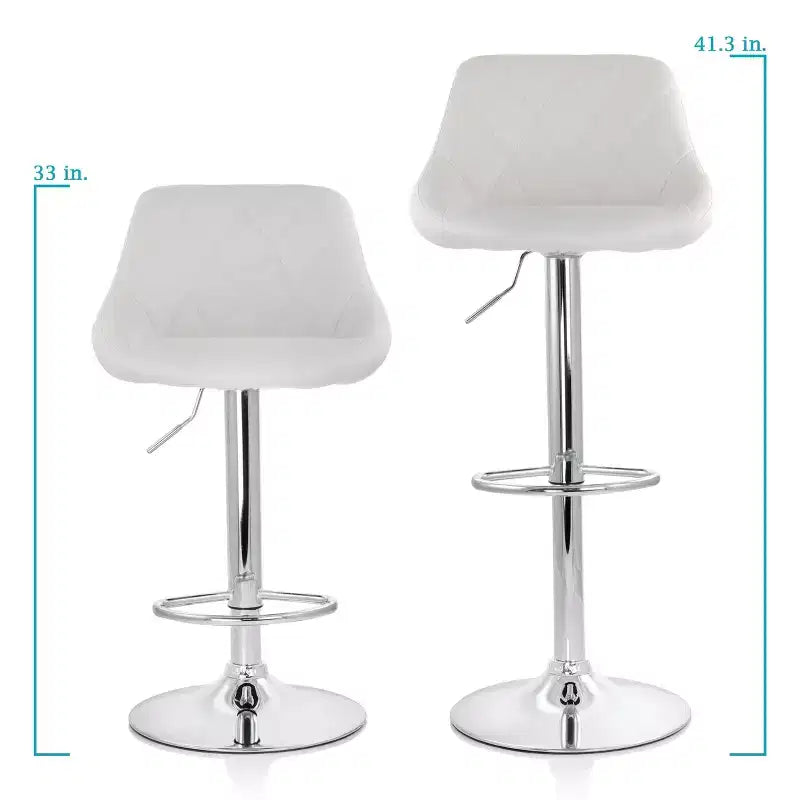 Tabouret de bar Elama 2 pièces en similicuir avec surpiqûres losanges, noir, avec base chromée et hauteur réglable