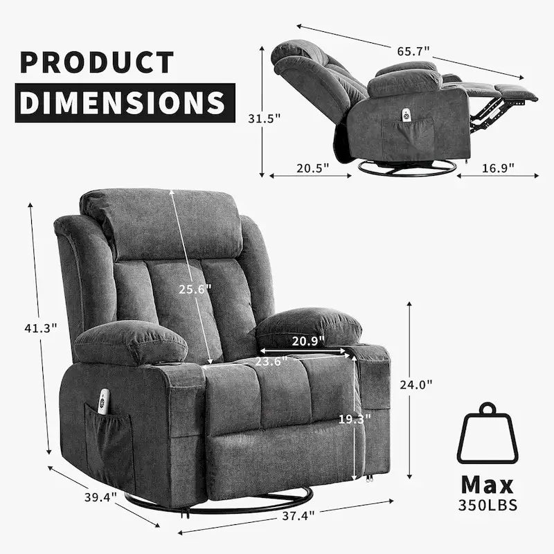 Fauteuil inclinable, Fauteuils à bascule avec massage et chauffage, Poches latérales et porte-gobelet