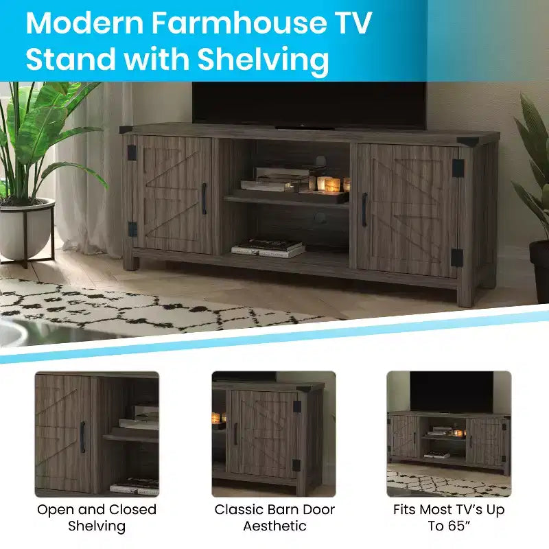 Meuble TV Merrick Lane style porte de grange 150 cm pour téléviseur jusqu'à 65 po