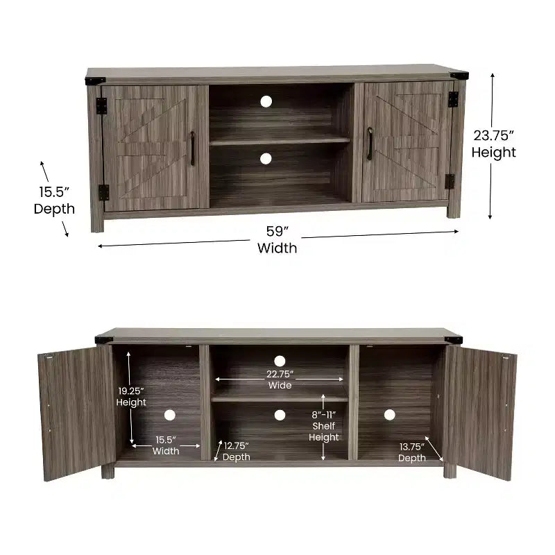 Meuble TV Merrick Lane style porte de grange 150 cm pour téléviseur jusqu'à 65 po
