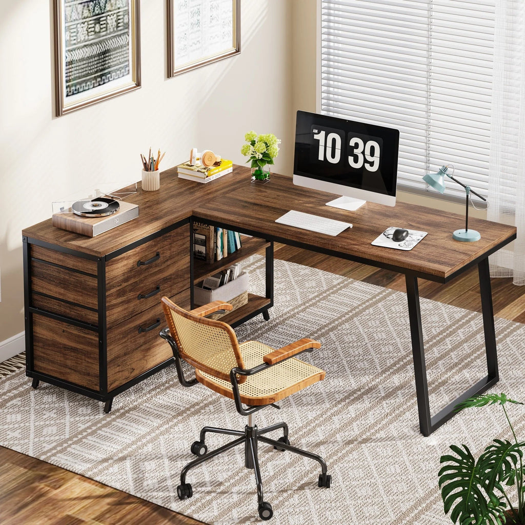 Bureau d'angle en L réversible avec tiroirs de classement, bureau d'ordinateur d'angle