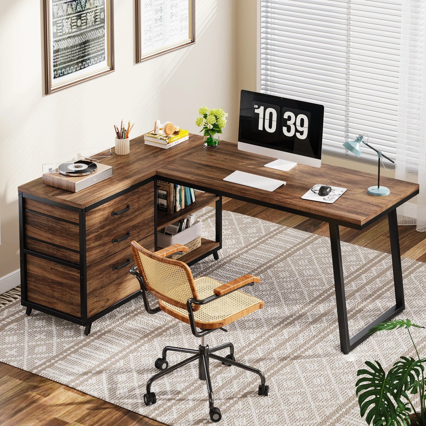 Bureau d'angle en L réversible avec tiroirs de classement, bureau d'ordinateur d'angle