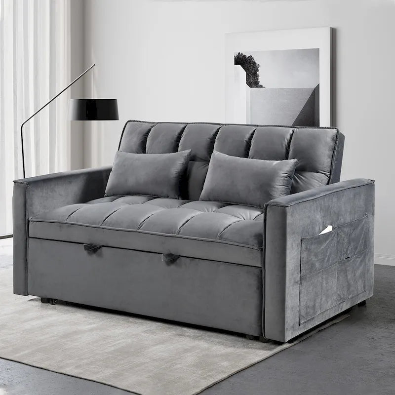 Causeuse futon moderne en velours avec dossier inclinable et poches, 2 places — Gris foncé / Gris clair / Bleu / Noir
