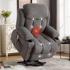 Fauteuil inclinable électrique gris avec massage chauffant, chargement USB, télécommande et poches latérales pratiques pour les personnes âgées