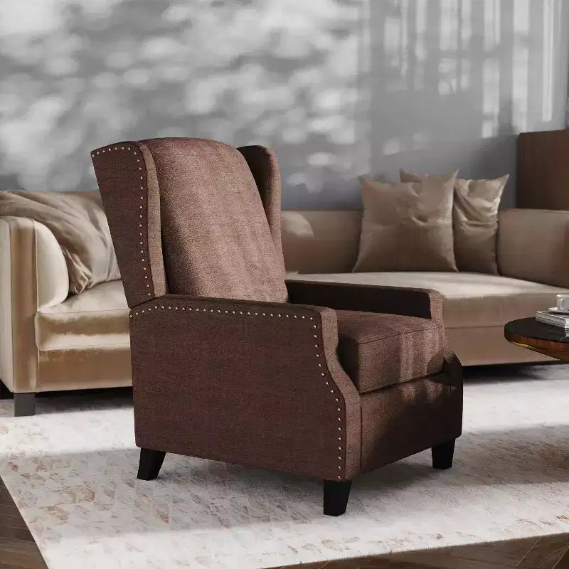 Fauteuil inclinable en tissu Emma et Oliver avec mécanisme de poussée facile - Design classique à oreilles avec garniture cloutée et repose-pieds