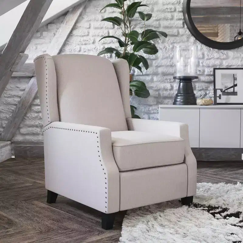 Fauteuil inclinable en tissu Emma et Oliver avec mécanisme de poussée facile - Design classique à oreilles avec garniture cloutée et repose-pieds
