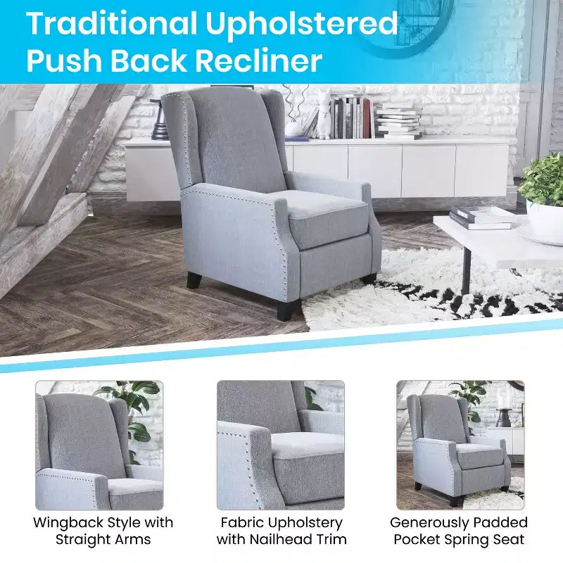 Fauteuil inclinable en tissu Emma et Oliver avec mécanisme de poussée facile - Design classique à oreilles avec garniture cloutée et repose-pieds