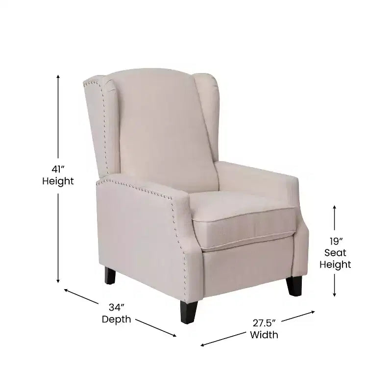 Fauteuil inclinable en tissu Emma et Oliver avec mécanisme de poussée facile - Design classique à oreilles avec garniture cloutée et repose-pieds