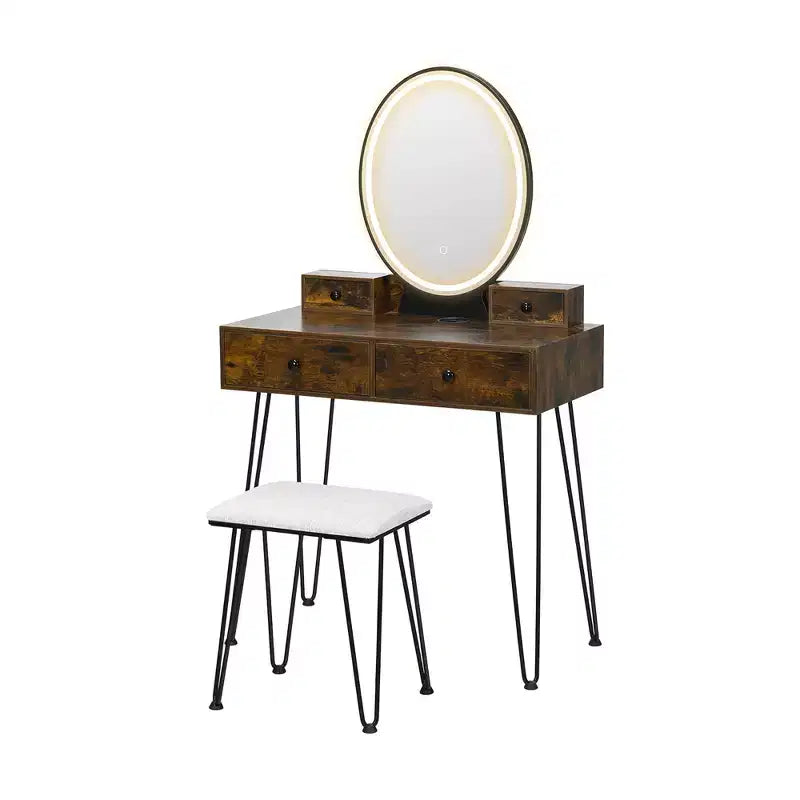 Costway Coiffeuse Industrielle avec Tabouret Rembourré et Miroir Lumineux 3 Couleurs