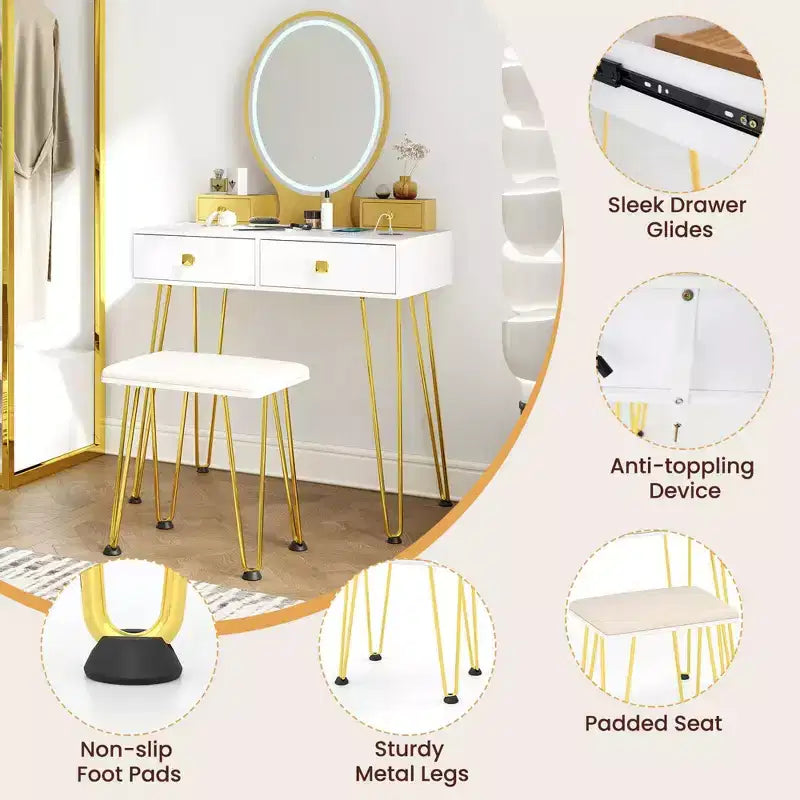 Costway Coiffeuse Industrielle avec Tabouret Rembourré et Miroir Lumineux 3 Couleurs