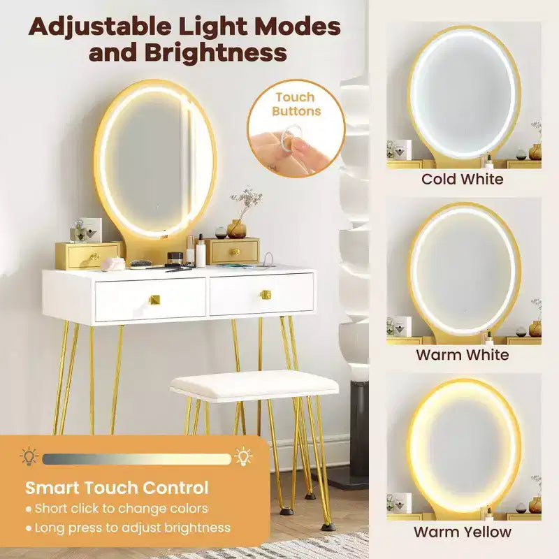 Costway Coiffeuse Industrielle avec Tabouret Rembourré et Miroir Lumineux 3 Couleurs