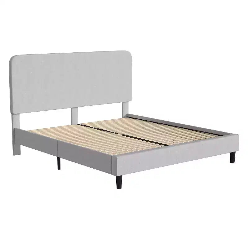 Emma and Oliver Pasithea Upholstered Platform Bed with Curved, Slim Panel Headboard and Wooden Support Slats
