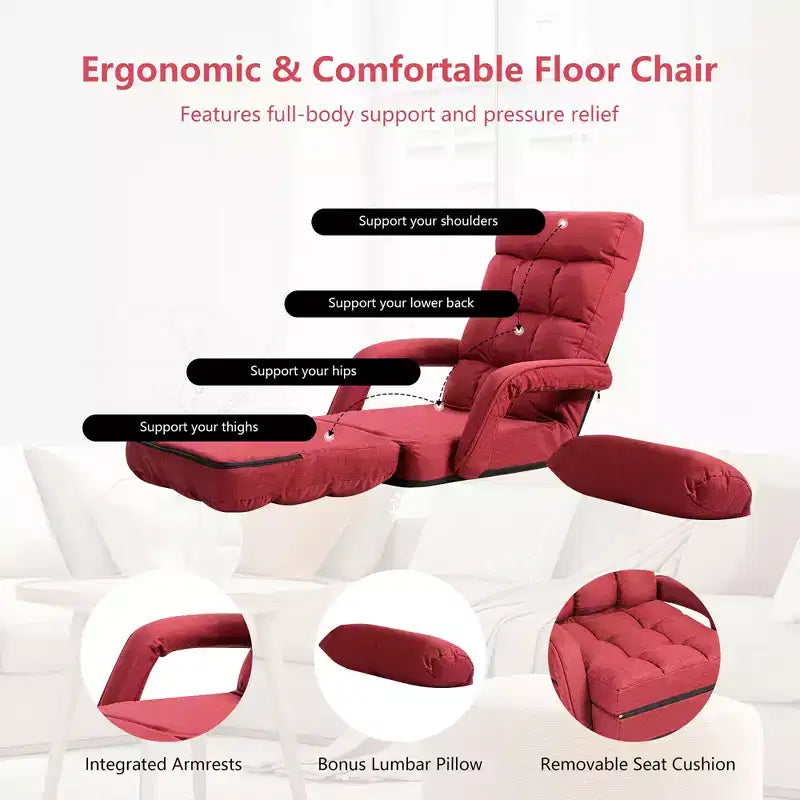 Fauteuil de sol pliable Costway avec dossier réglable sur 6 positions et oreiller lombaire rouge/gris