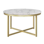 Table basse ronde Lavish Home avec plateau en faux marbre et traverses métalliques, Blanc/Doré