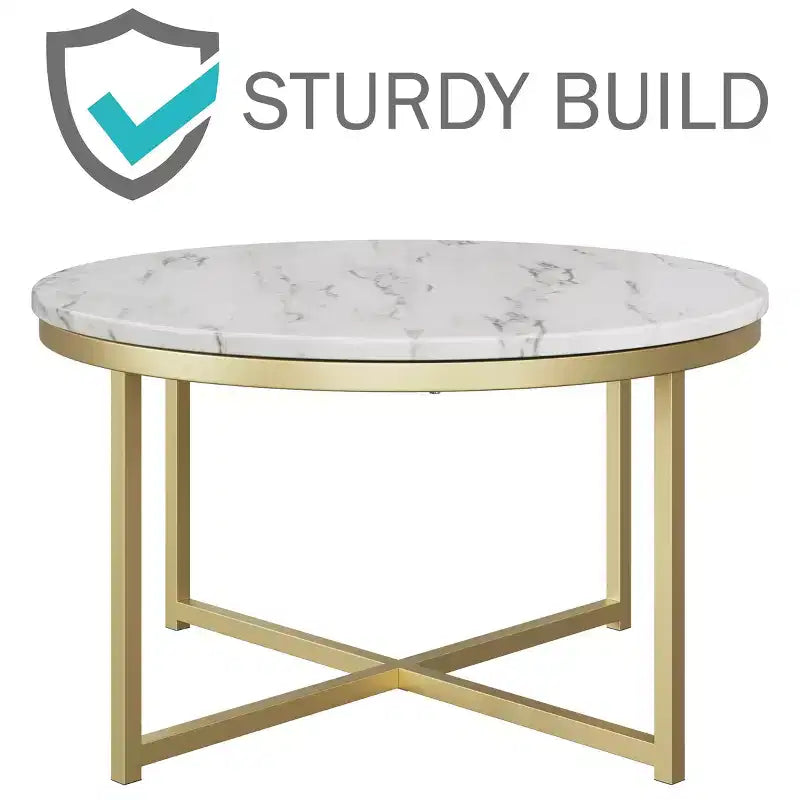 Table basse ronde Lavish Home avec plateau en faux marbre et traverses métalliques, Blanc/Doré