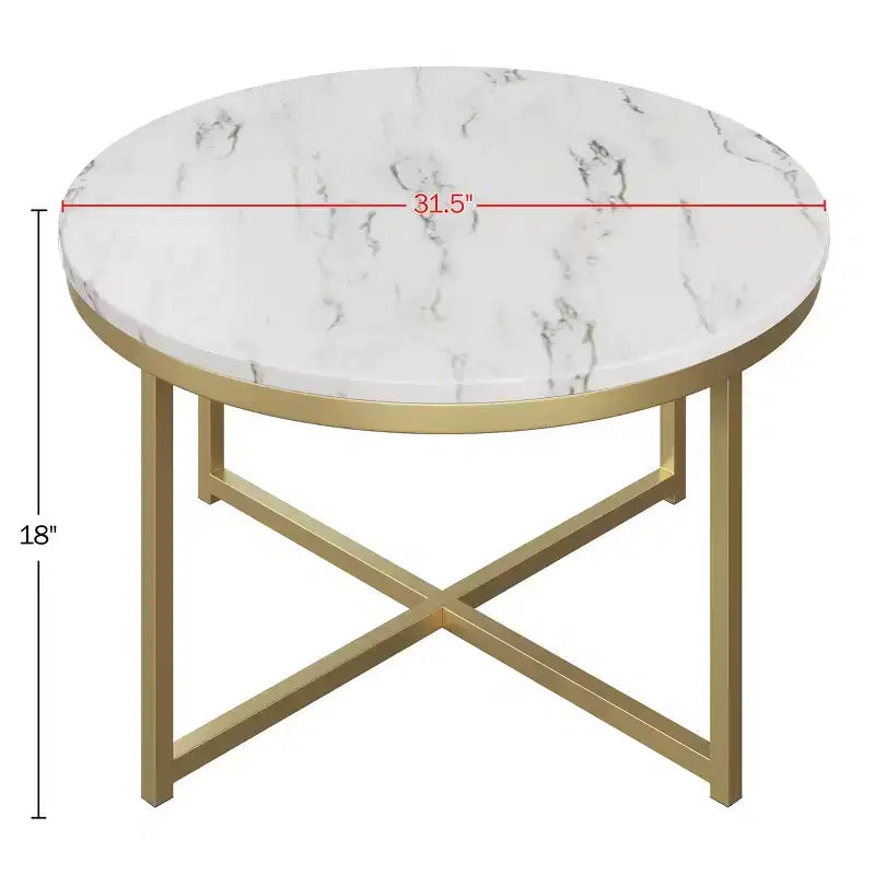 Table basse ronde Lavish Home avec plateau en faux marbre et traverses métalliques, Blanc/Doré
