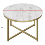 Table basse ronde Lavish Home avec plateau en faux marbre et traverses métalliques, Blanc/Doré
