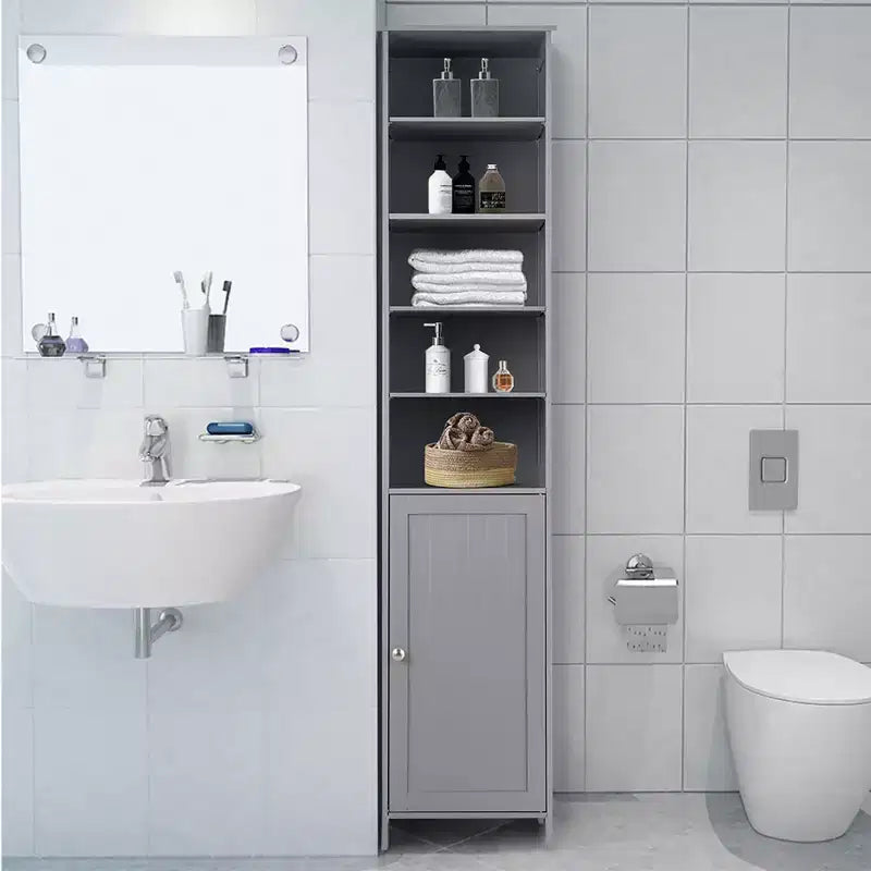 Costway Meuble Colonne Haute de Salle de Bain 183 cm Meuble de Rangement Étagère Présentoir Gris/Blanc