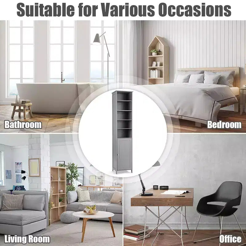 Costway Meuble Colonne Haute de Salle de Bain 183 cm Meuble de Rangement Étagère Présentoir Gris/Blanc