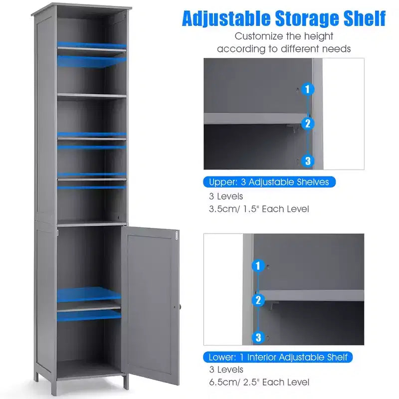 Costway Meuble Colonne Haute de Salle de Bain 183 cm Meuble de Rangement Étagère Présentoir Gris/Blanc