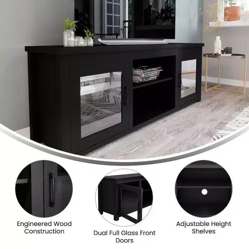 Meuble TV Emma et Oliver pour téléviseurs jusqu'à 80 pouces - Console média 65 pouces avec portes vitrées classiques et 3 étagères réglables