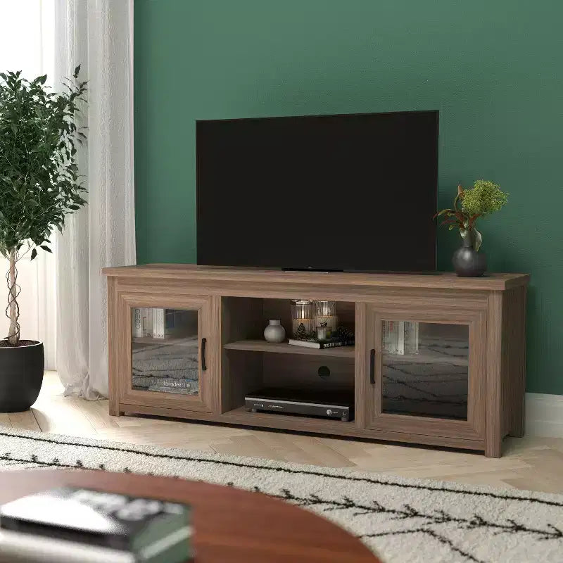 Meuble TV Emma et Oliver pour téléviseurs jusqu'à 80 pouces - Console média 65 pouces avec portes vitrées classiques et 3 étagères réglables
