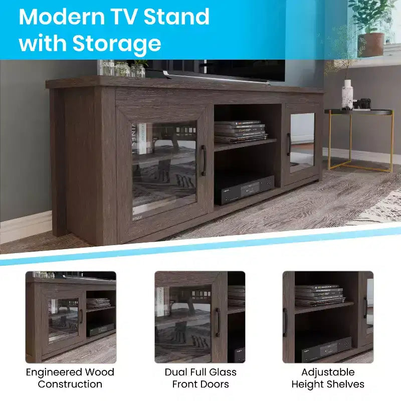 Meuble TV Emma et Oliver pour téléviseurs jusqu'à 80 pouces - Console média 65 pouces avec portes vitrées classiques et 3 étagères réglables
