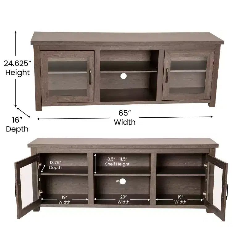 Meuble TV Emma et Oliver pour téléviseurs jusqu'à 80 pouces - Console média 65 pouces avec portes vitrées classiques et 3 étagères réglables