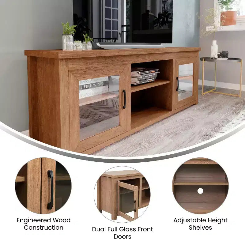Meuble TV Emma et Oliver pour téléviseurs jusqu'à 80 pouces - Console média 65 pouces avec portes vitrées classiques et 3 étagères réglables