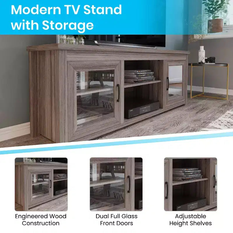 Meuble TV Emma et Oliver pour téléviseurs jusqu'à 80 pouces - Console média 65 pouces avec portes vitrées classiques et 3 étagères réglables