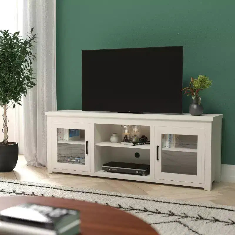 Meuble TV Emma et Oliver pour téléviseurs jusqu'à 80 pouces - Console média 65 pouces avec portes vitrées classiques et 3 étagères réglables