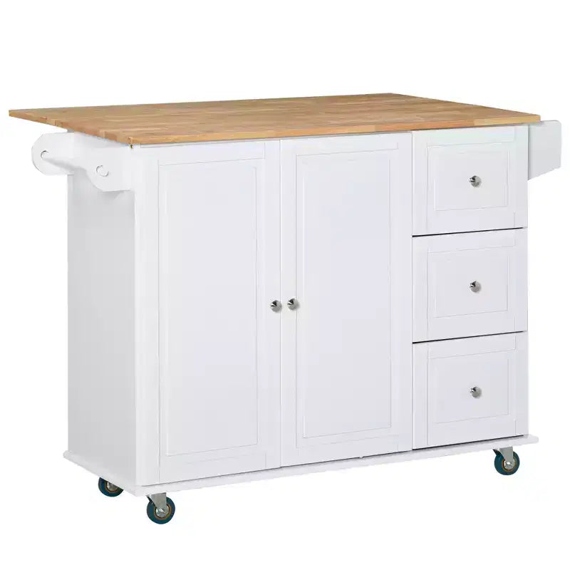 HOMCOM Desserte de cuisine mobile avec plateau rabattable, porte-serviettes/épices, 3 tiroirs et placard à 2 portes