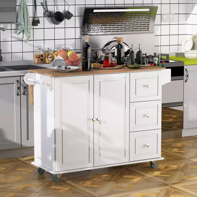 HOMCOM Desserte de cuisine mobile avec plateau rabattable, porte-serviettes/épices, 3 tiroirs et placard à 2 portes