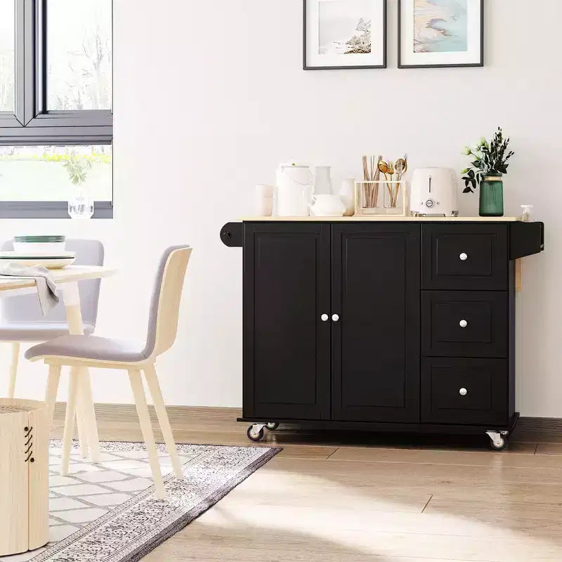 HOMCOM Desserte de cuisine mobile avec plateau rabattable, porte-serviettes/épices, 3 tiroirs et placard à 2 portes