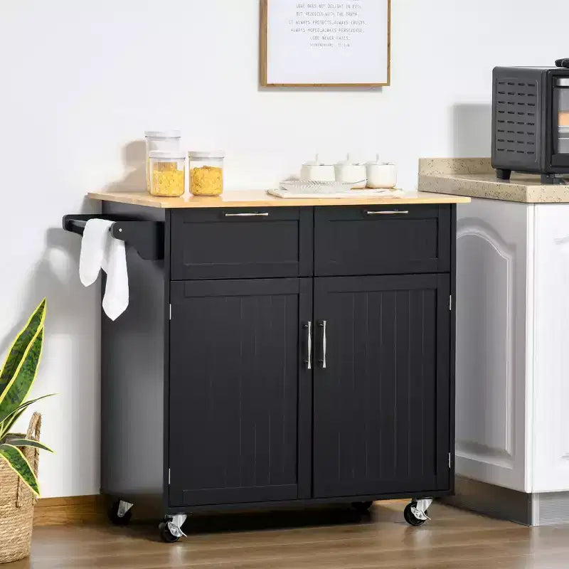 HOMCOM Desserte de cuisine roulante moderne de 104 cm avec plan de travail en bois d'hévéa et tiroirs
