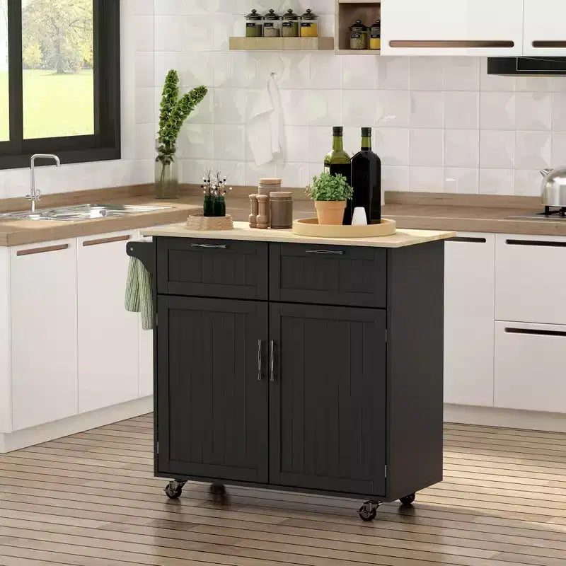 HOMCOM Desserte de cuisine roulante moderne de 104 cm avec plan de travail en bois d'hévéa et tiroirs