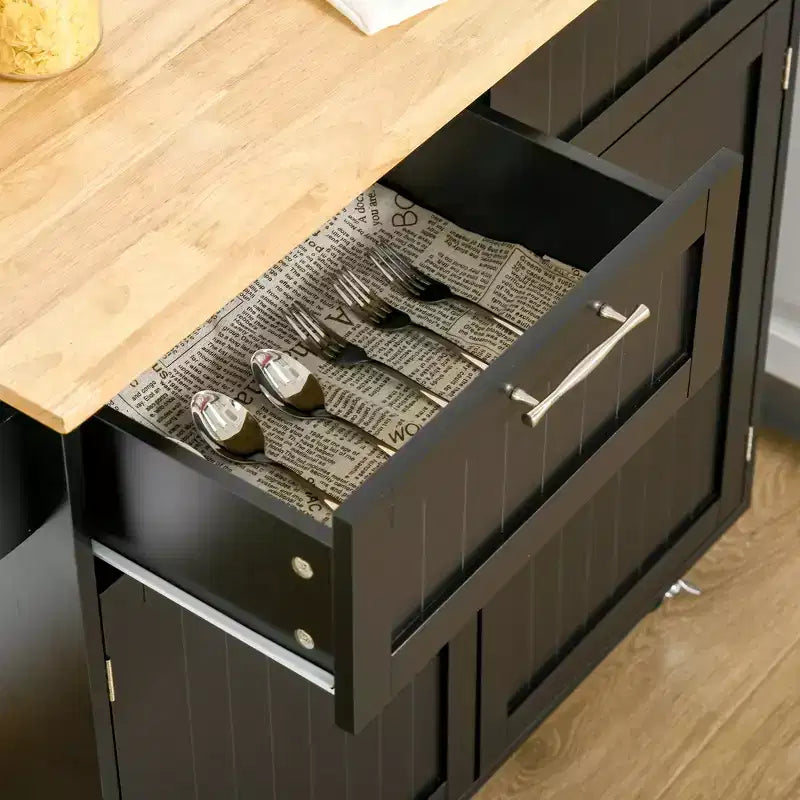 HOMCOM Desserte de cuisine roulante moderne de 104 cm avec plan de travail en bois d'hévéa et tiroirs