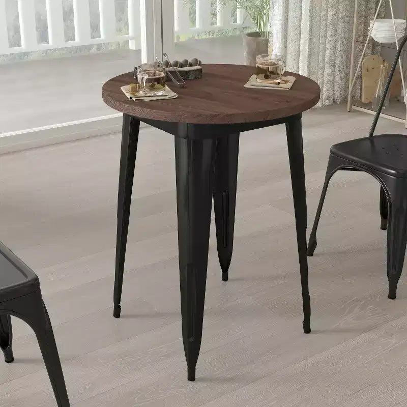 Table d'intérieur ronde Merrick Lane 24 en métal avec cadre en acier galvanisé et plateau en bois rustique